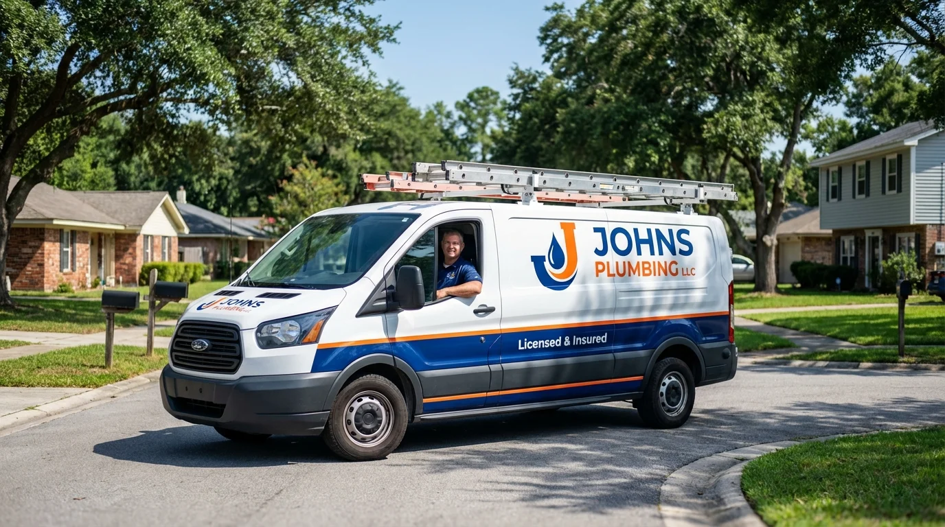 Johns Plumbing LLC service van in Mill Neck, NY