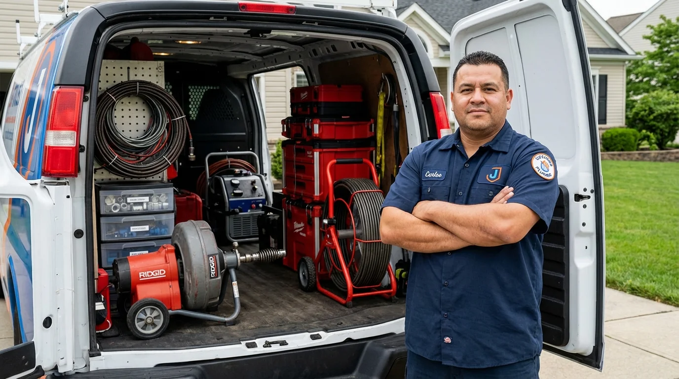 Professional drain cleaning equipment and Johns Plumbing LLC plumber in Mill Neck