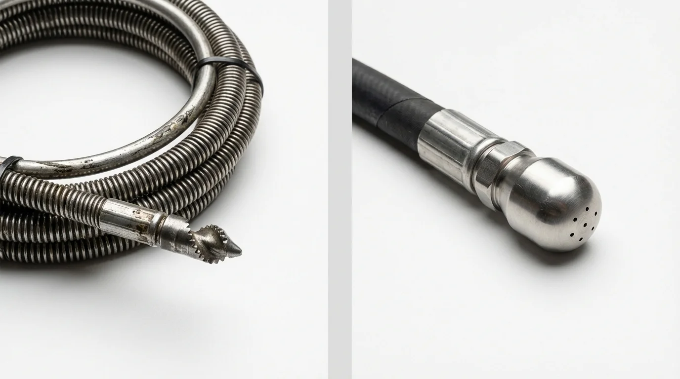 Drain snake cable and hydro jetting nozzle used for drain cleaning in Mill Neck, NY