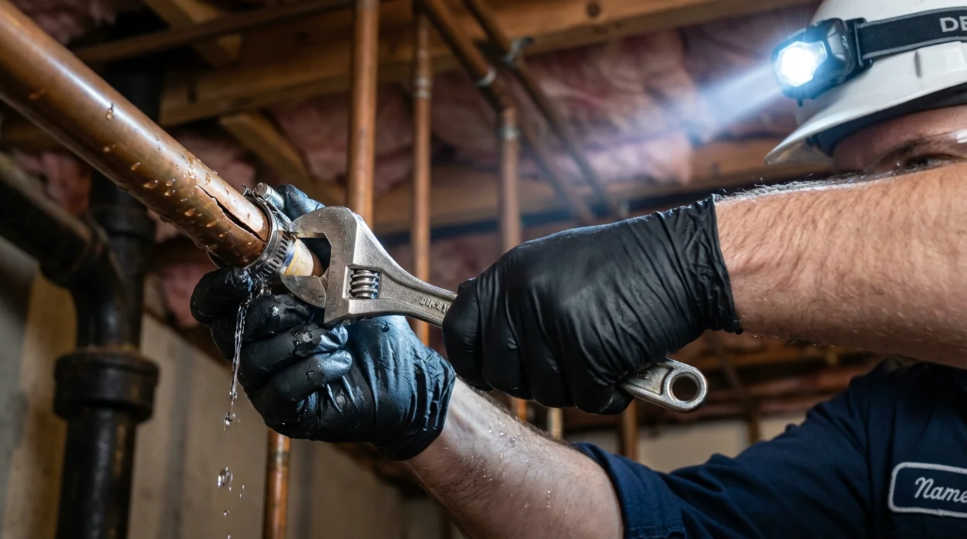Emergency pipe clamp repair being performed by a Johns Plumbing LLC plumber in Mill Neck