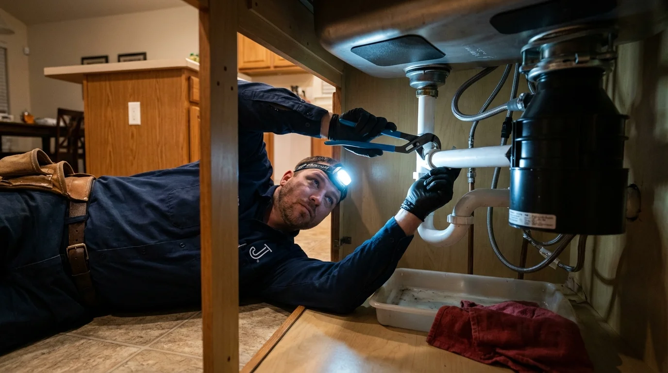 P-trap and supply line connections under a kitchen sink showing a common leak point in Mill Neck, NY